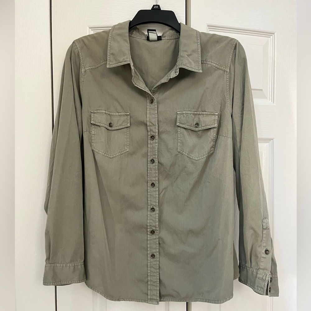 EUC - Torrid Size 2 - Army Green/ Gray Button Down Denim Shirt